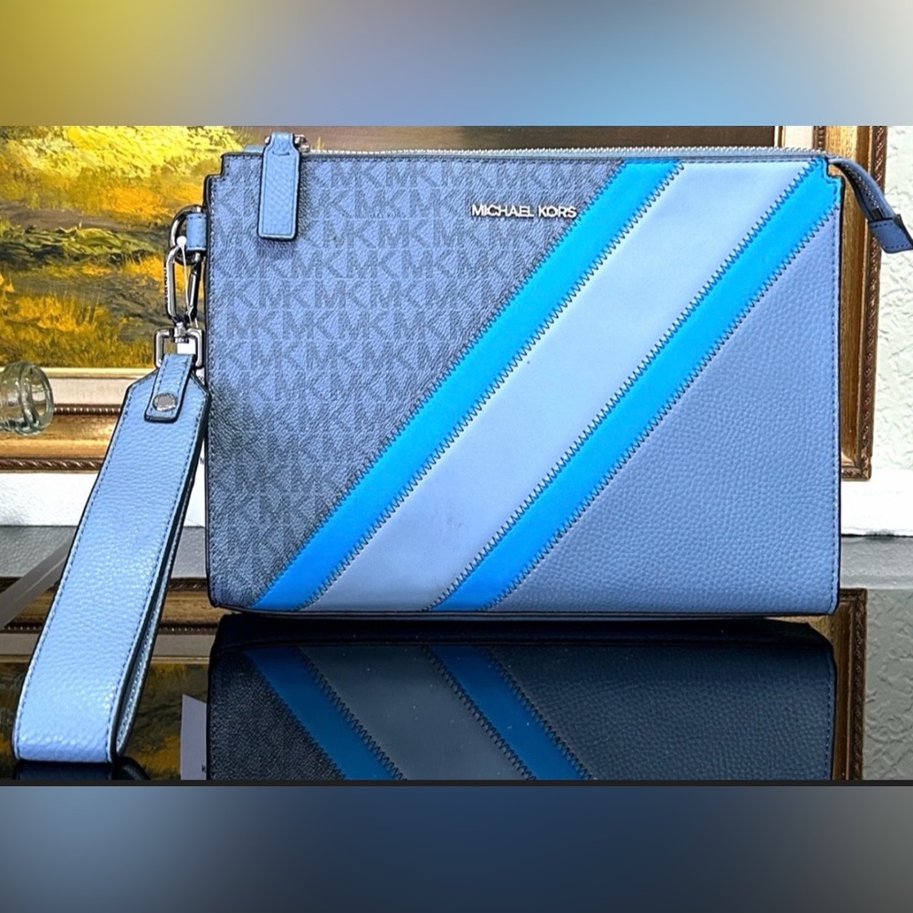 Michael Kors Large Handbag Pouch Denim Purse Wristlet Clutch Bag